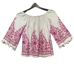 Billabong Women's Off-the-Shoulder Top White W/ Pink Floral, Fringe Detail Sz  S